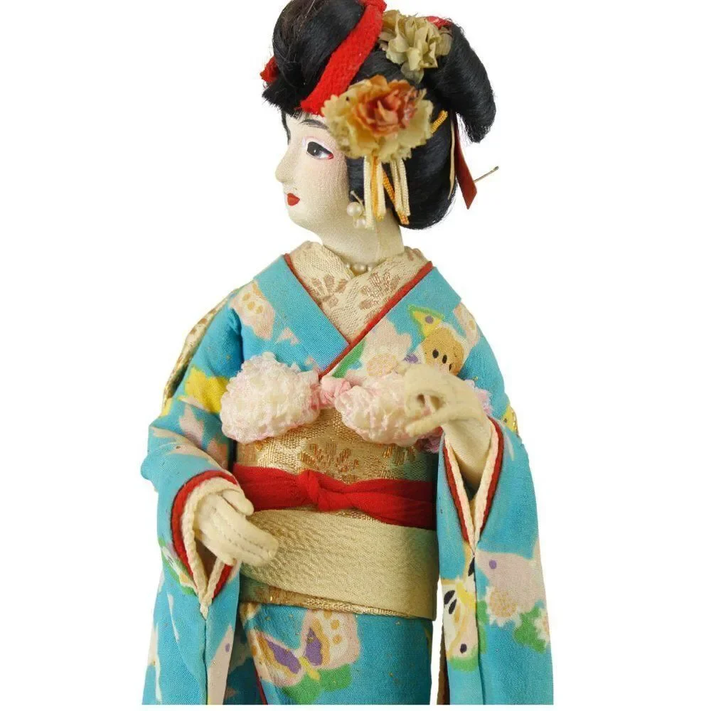 Vintage Japanese Geisha Doll Figurine in Traditional Turquoise Silk Crepe Kimono